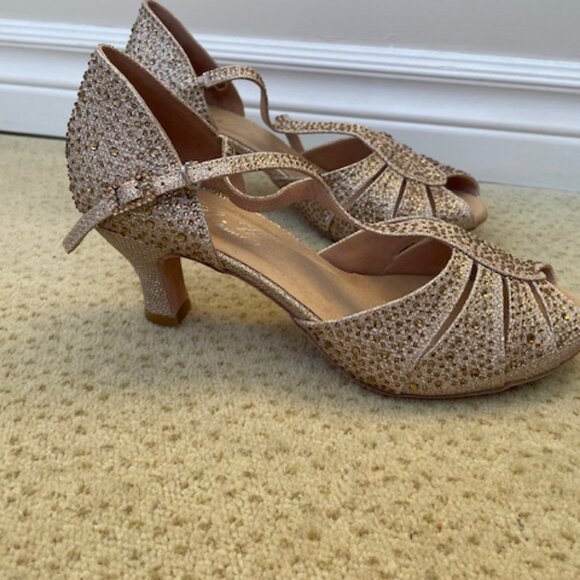 Glitzy Gold Ballroom Dancing shoes suede bottom - Picture 2 of 12